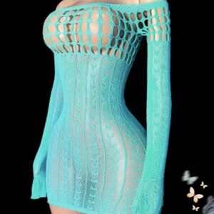 Light Blue Heart Pattern Fishnet Crop Bodycon Dress Cover Up